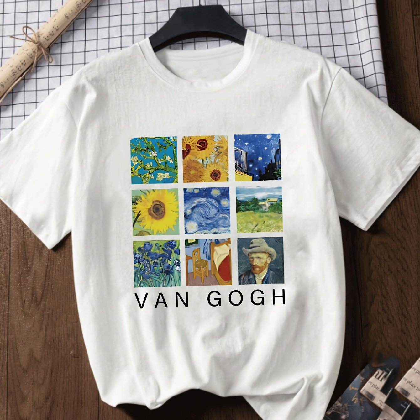 TEMU Summer Monochrome Women' S T- Shirt - Van Gogh Artwork Grid Graphic Simple, Comfortable, S And Casual Round-neck T-shirt