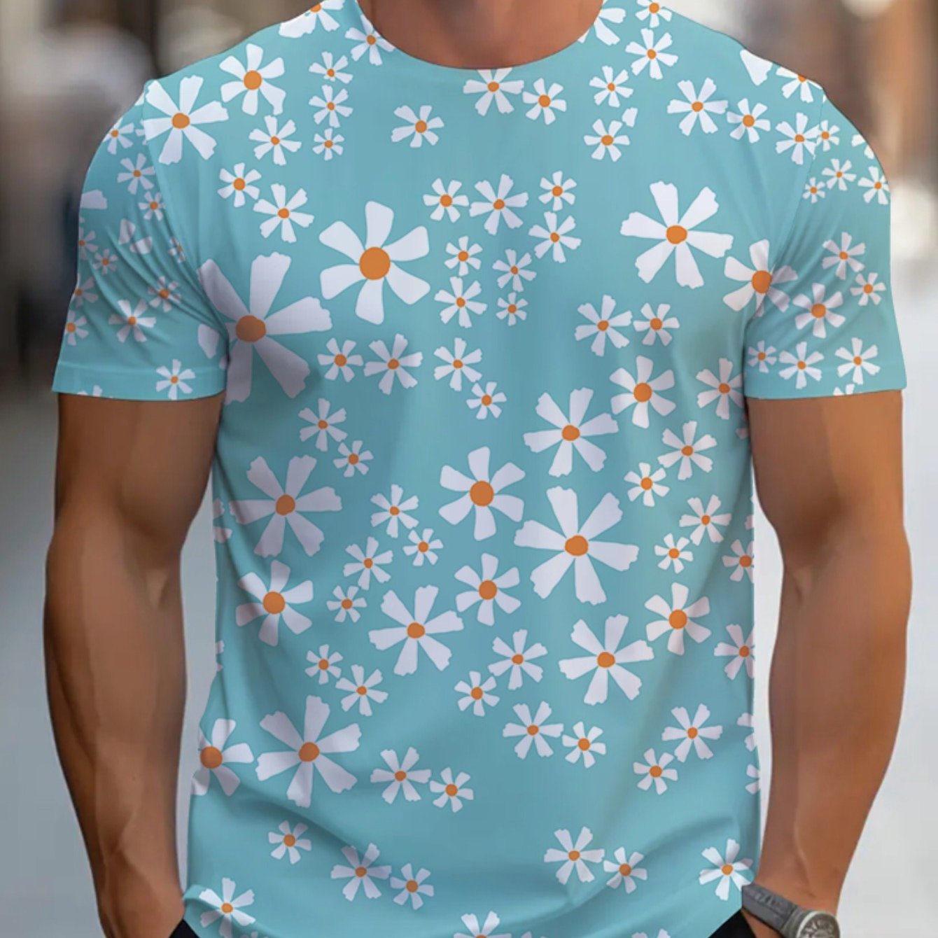 TEMU Men's Short Sleeve T-shirt With Floral Print - Stylish And Comfortable Summer Tee For Men - Unique Daisy Pattern - Perfect For Casual Wear And