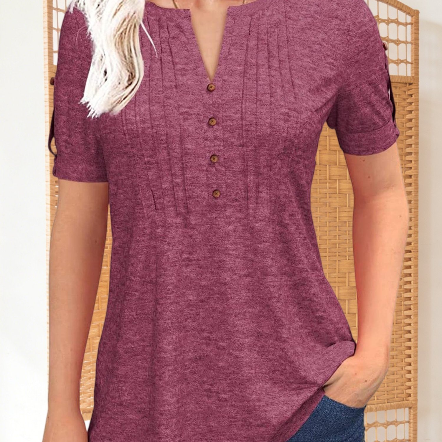 Women's Summer V-neck Pleated Short Sleeve Solid Casual Blouse Top | Loose Fit, Stretch Fabric, Regular Length