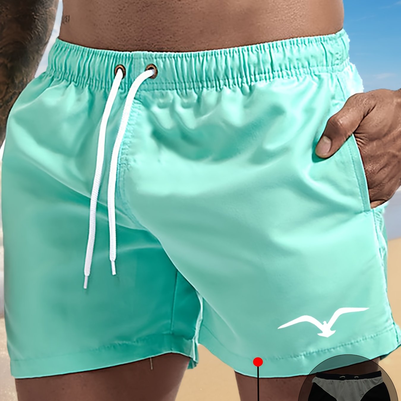 E-shop Herren Shorts mit Möwen-Print, Casual mit Kordelzug, aus schnell trocknendem Material mit Mesh-Futter. Ideal für Sommer, Strand, Pool