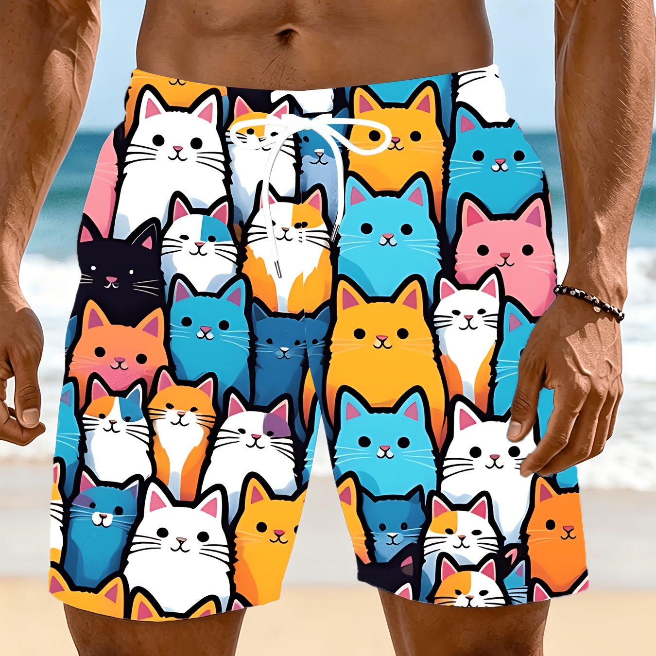 TEMU - Men's Beach Shorts, Cat Pattern Print - Casual Drawstring Waist, Men's Swim Trunks