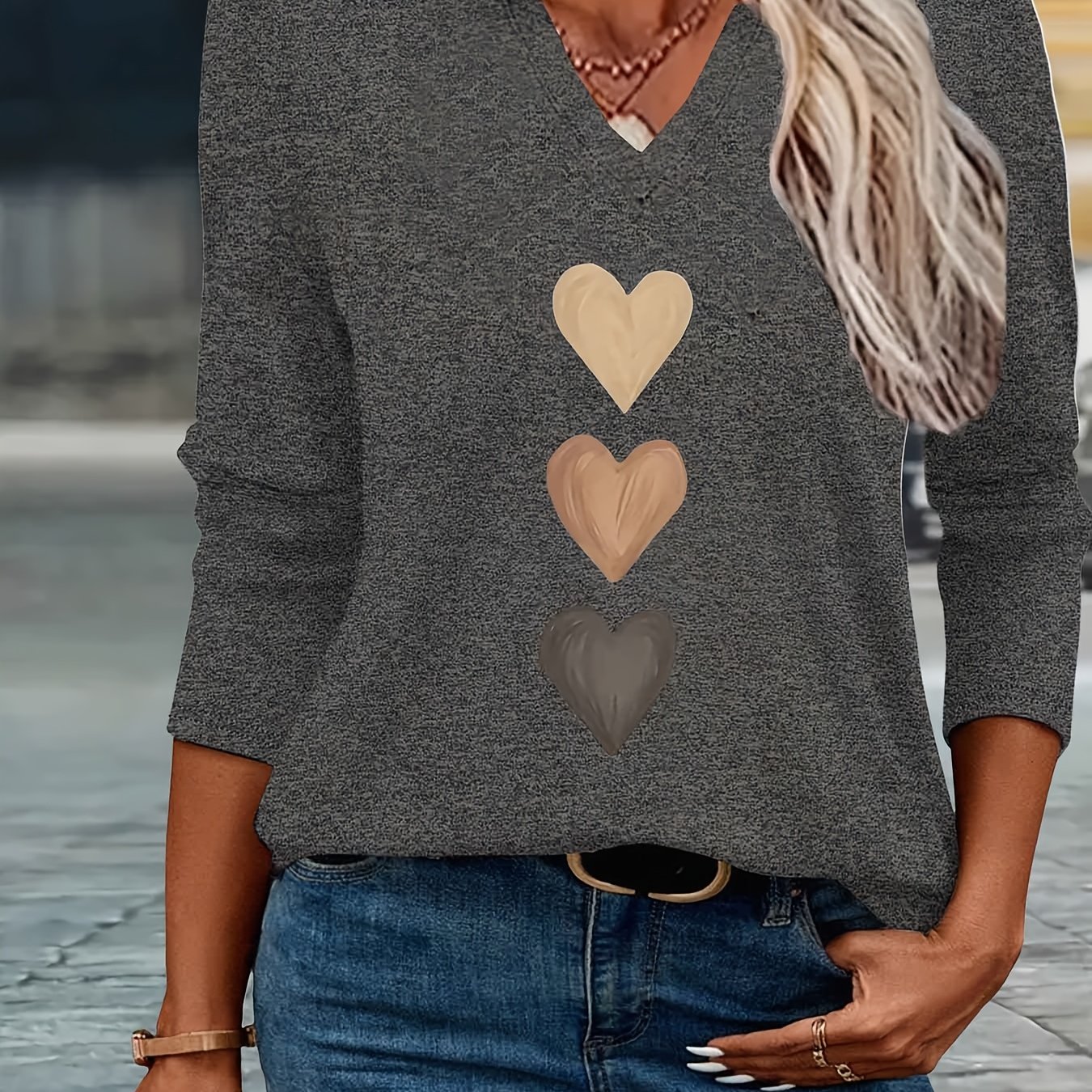 TEMU Heart Print Spring/summer Fashion Simple Women's Casual V-neck Three-quarter Sleeve T-shirt