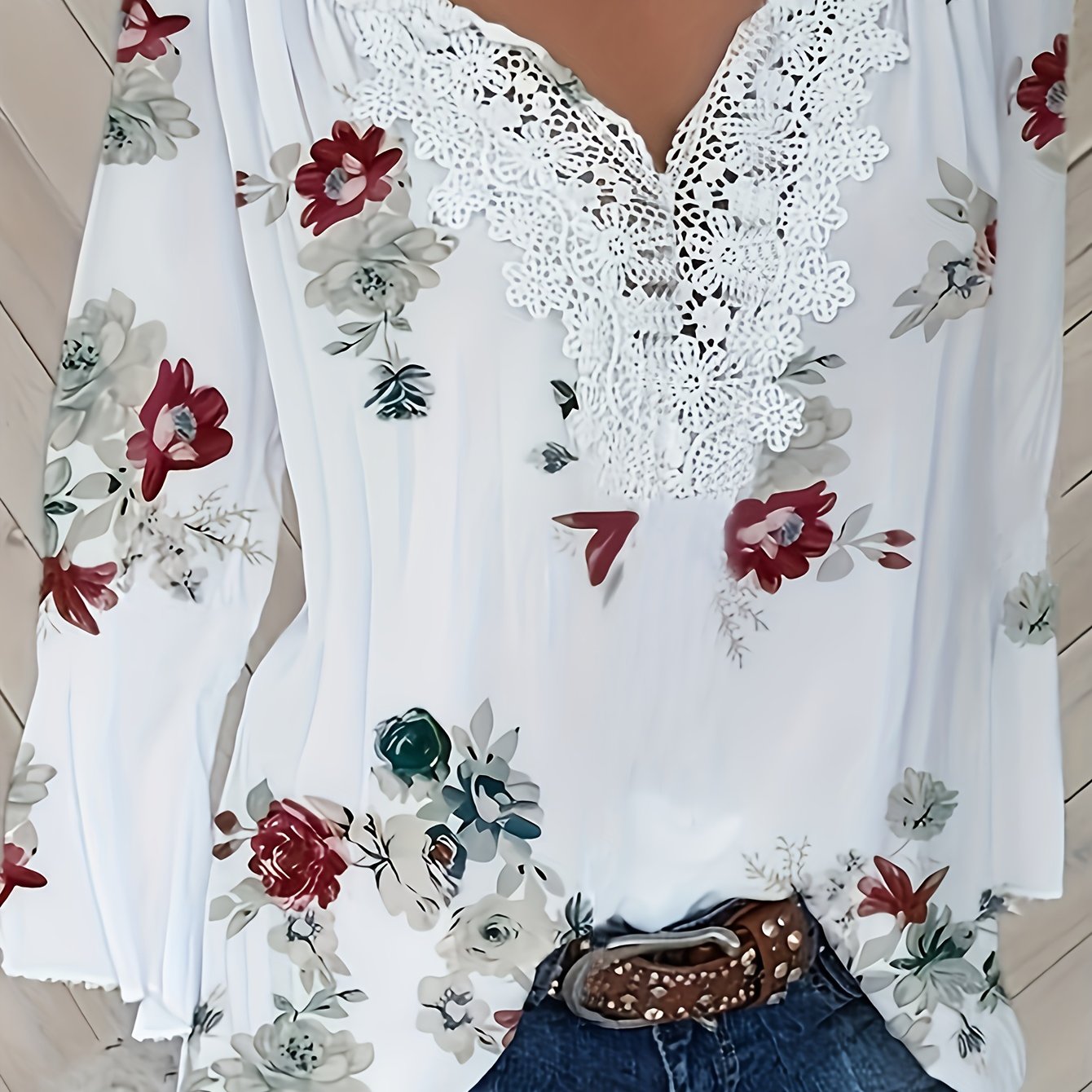 E-shop Bluse mit Blumenmuster für Damen mit Spitzenbesatz & Rüschen-Ausschnitt - V-Ausschnitt Langarm Lockerer Schnitt, Maschinenwaschbares Frühling