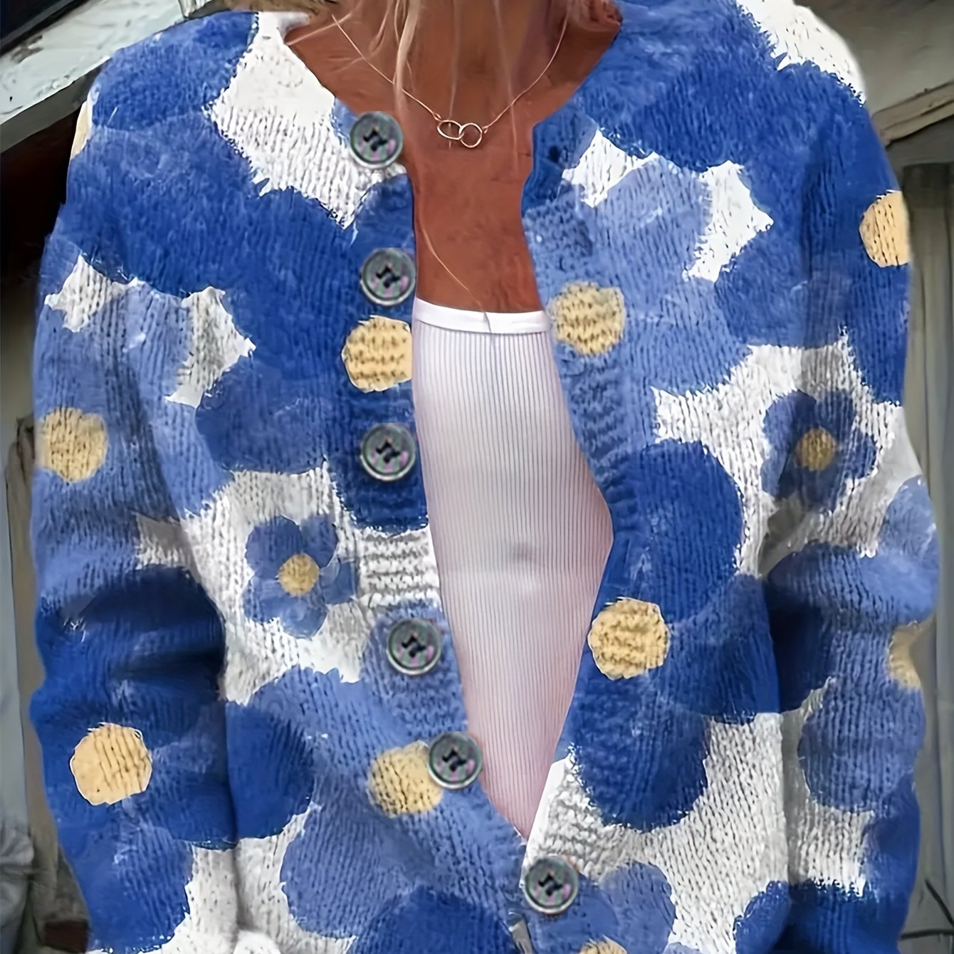TEMU Cardigan élégant à imprimé floral pour femmes avec bordure en dentelle jaune - Design floral et blanc, boutonnage - Manches longues pour /, mode