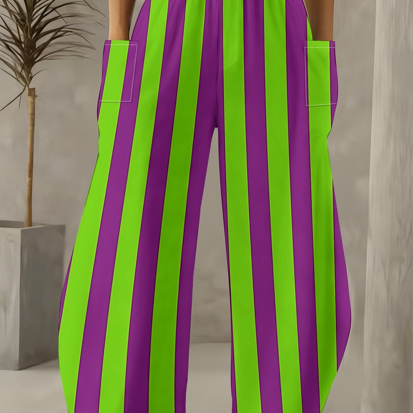 TEMU Fluorescent Vertical Stripe Wide-leg Pants - High-waisted Loose Fit Trousers With Full-body Print, Casual Pants Suitable For Parties, Outfits &