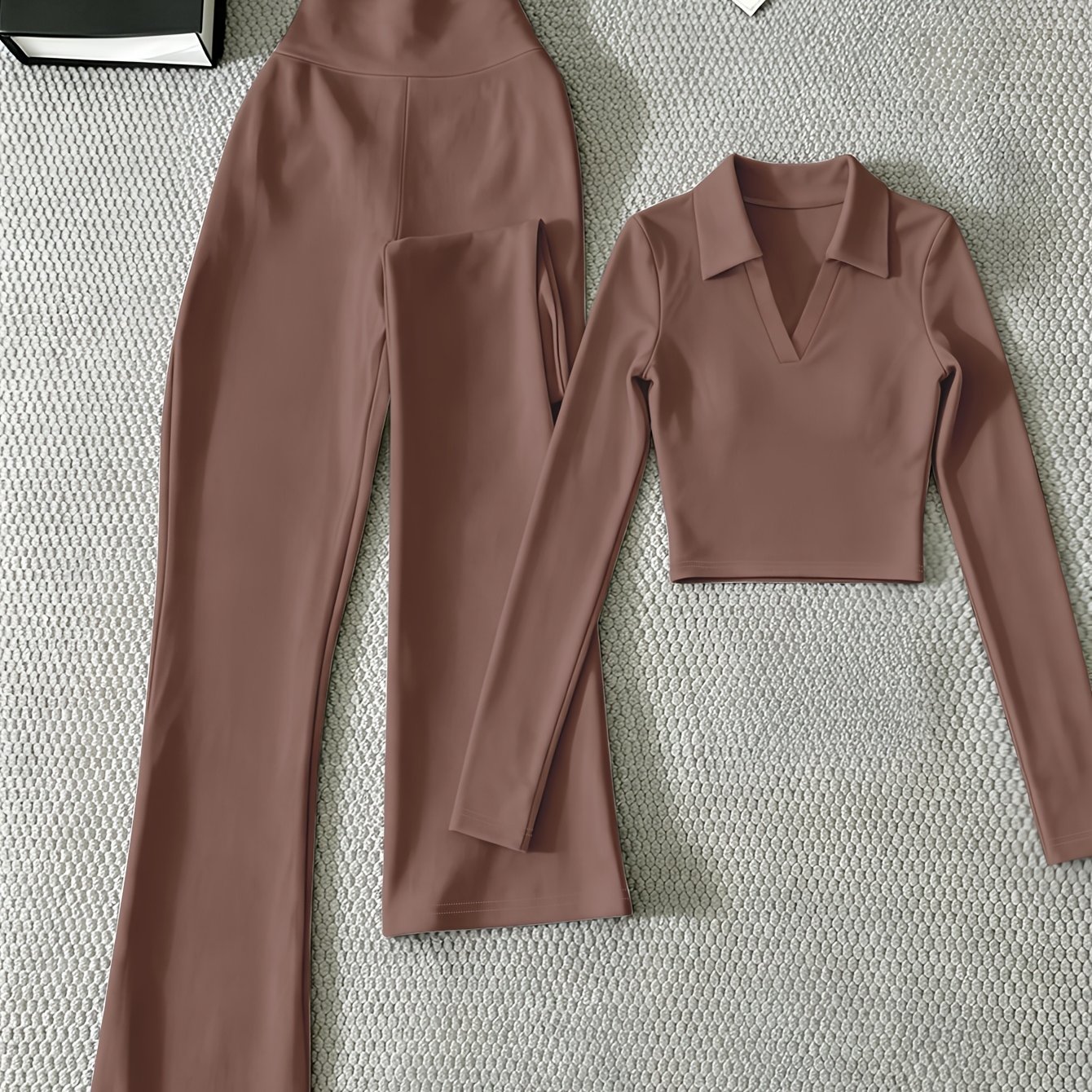 TEMU Women's Casual 2pcs Set: Collar Slim-fit Long Sleeve T-shirt And Mid-high Waist Stretchy Flared Pants Set Pb-1899
