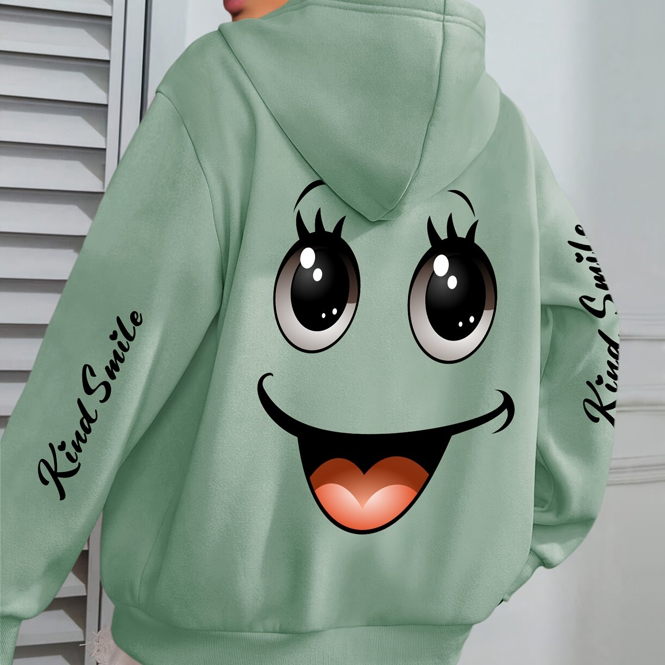 TEMU Plus Size Hoodie mit Lächelndem Gesicht-Print, Casual Mode-Sweatshirt, Kapuzenpullover mit Tasche und Kordelzug für Herbst & Winter,
