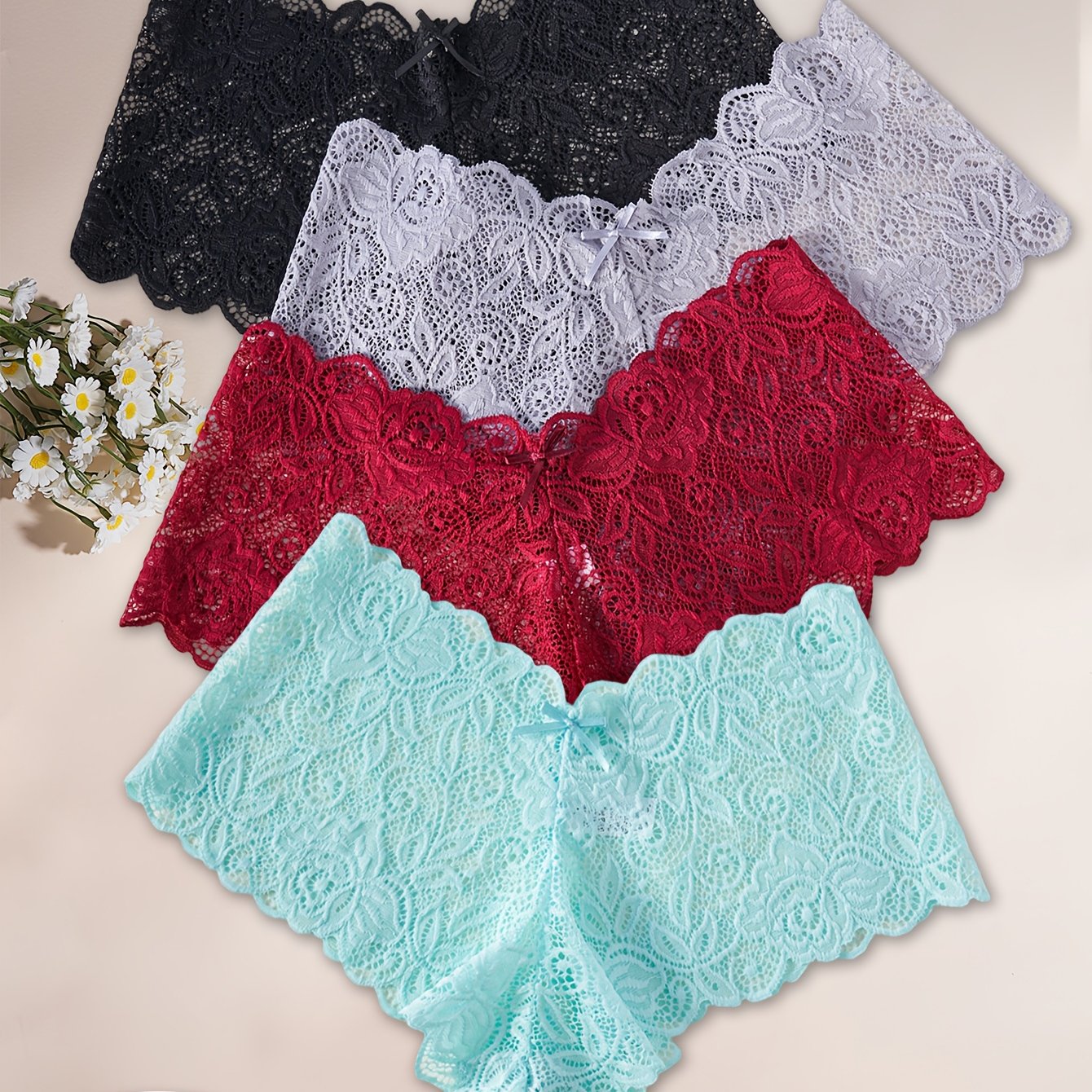 TEMU 4pcs Women's Semi-sheer Floral Lace Panties - Solid Color Hipster Briefs With Hollow-out Underwear, Mid-rise Lingerie Suitable For Casual Attire