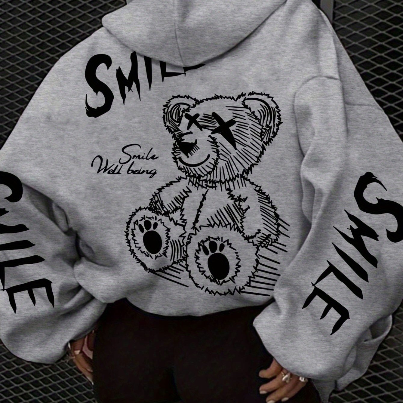 TEMU Face Teddy Bear Print Commuter Style Women's Hoodie, Drawstring Casual Hooded Pocket Sweatshirt, Autumn Winter, -lined Thickened Sweatshirt, For