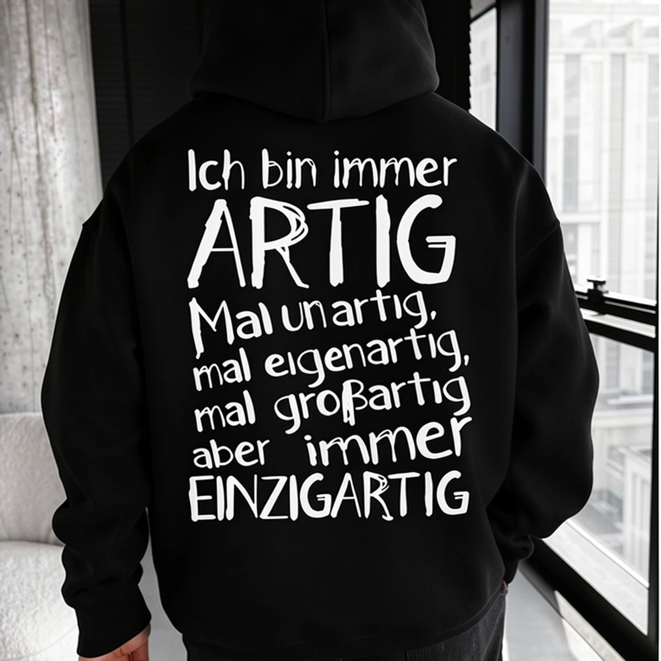 Image of [back Print] 1pc, Men's Casual Fashion Sweatshirt, Fleece, 360g, With Pockets And A Drawstring, Ich Bin Immer Einzigartig Print Hoodie, Daily Wear, Travel And