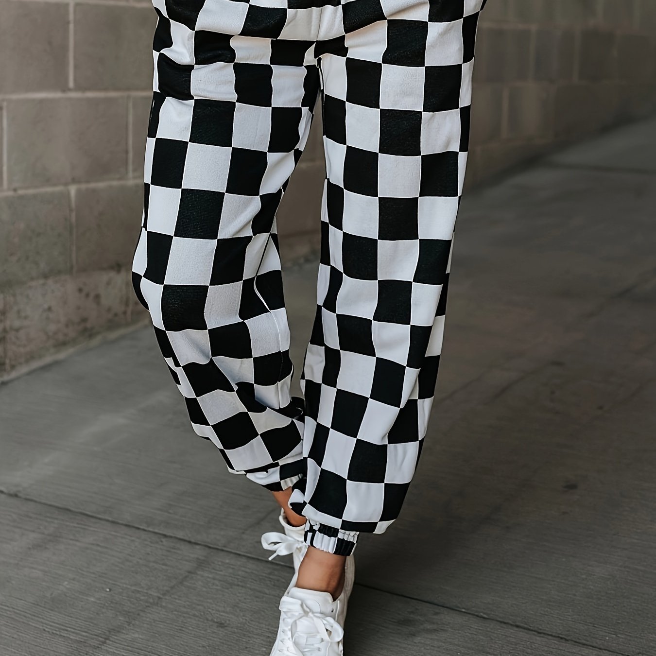 TEMU Women's Casual And Simple Two-color Checkered Printed Pocket Ankle Tied Pants