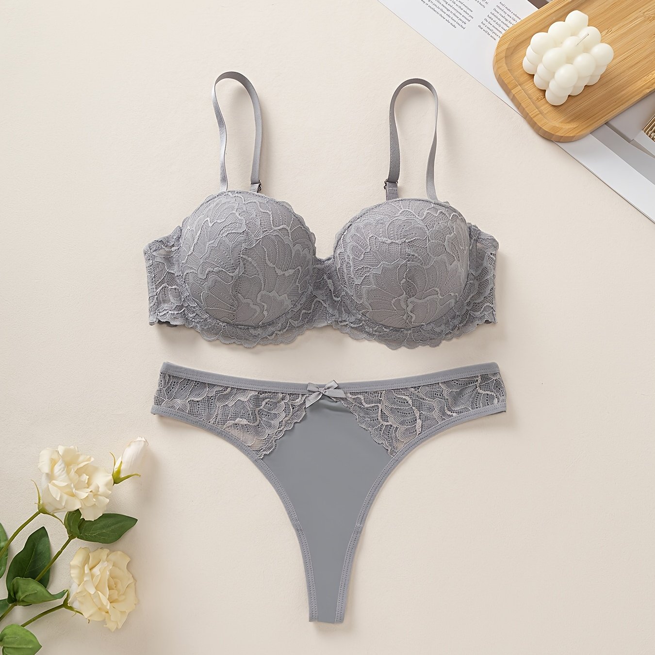 TEMU 1 Set Sexy Women's Bra And Panty Set, Underwire Push-up Bra With Lace Cup Design, With Low-' Panties, Suitable For Dates