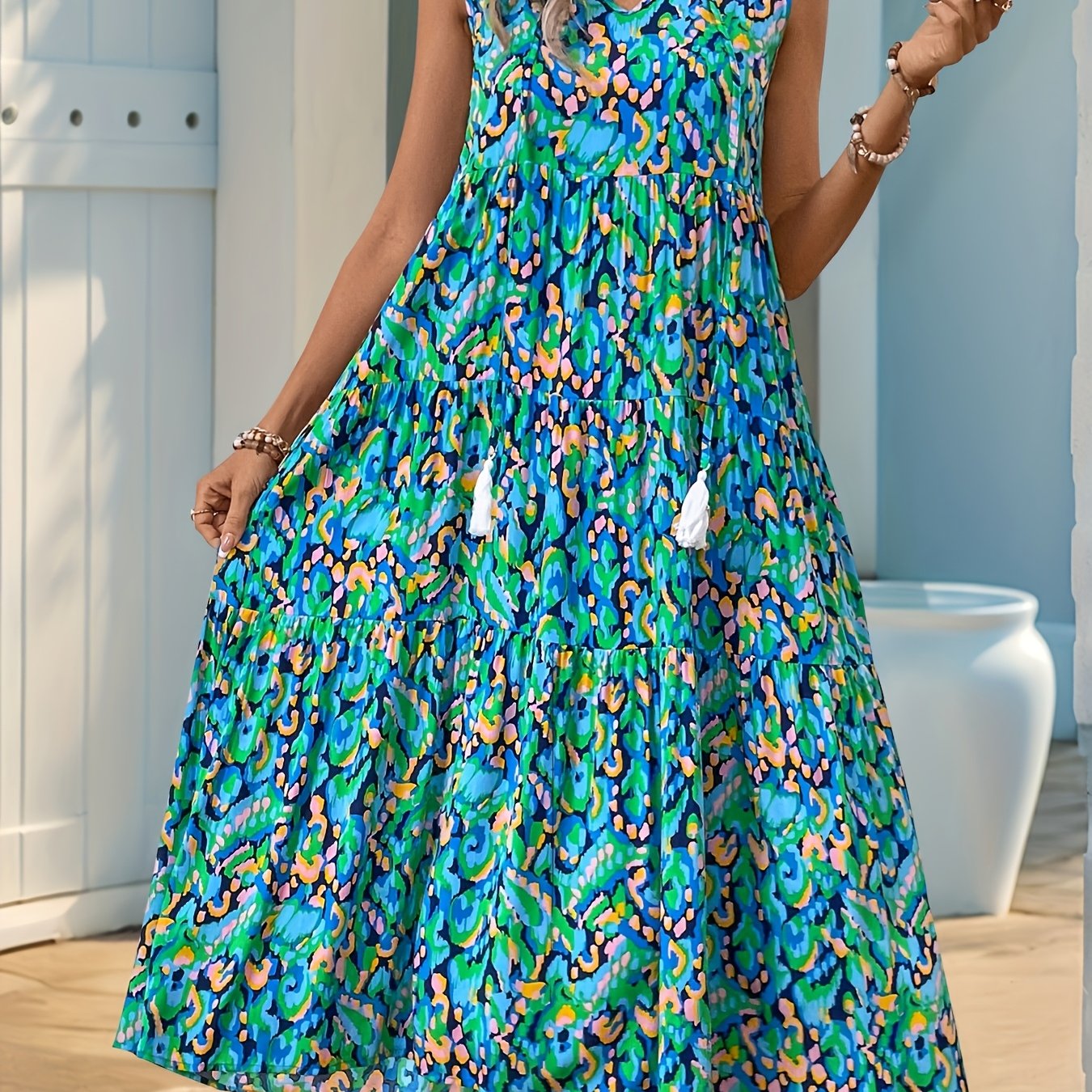 E-shop Plus Size, Frühling/Sommer Urlaub Plus Size Damen Ärmelloses Bohemian Fransen Bindegürtel Print Kleid