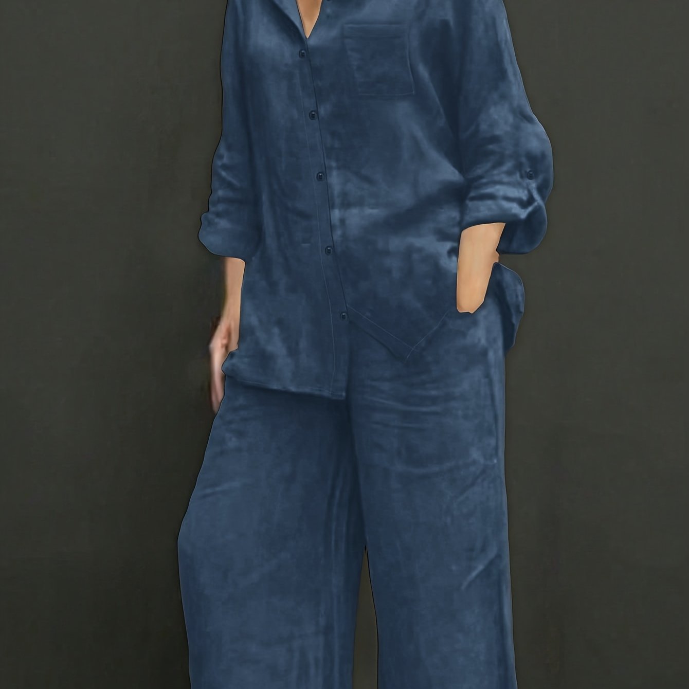 TEMU Elegant Women's Casual Cardigan Solid Color Shirt And Pants Set