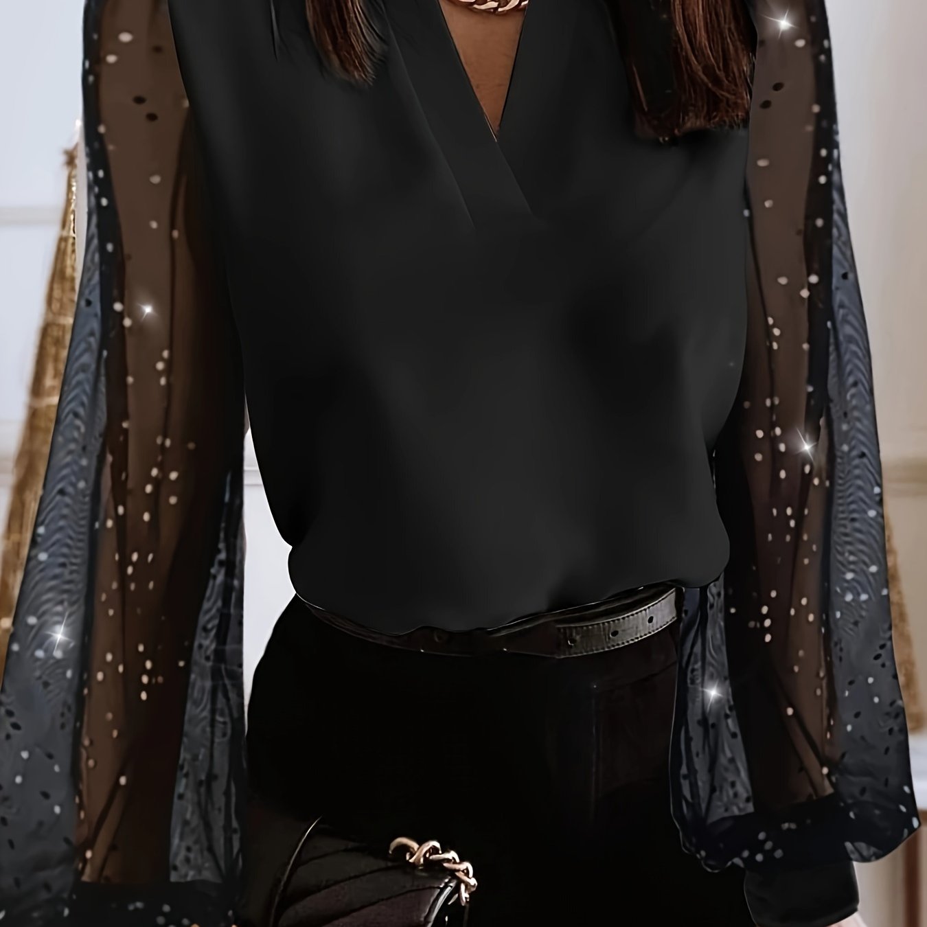 Women's Fashion New Arrival Sparkling Rhinestone Mesh Long Sleeve V-neck Blouse Embossed Long Sleeve