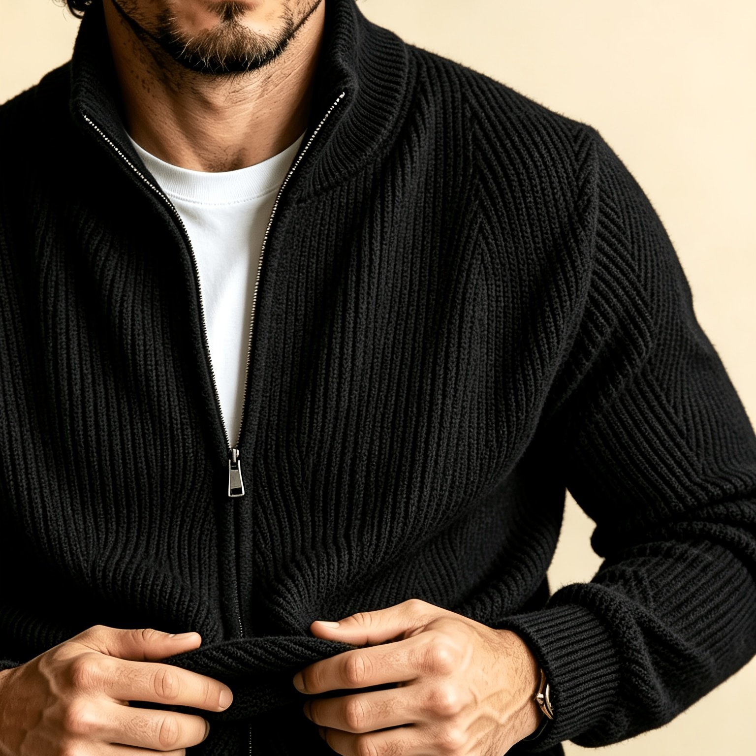 TEMU Old Money Outfits Forlengke Men Business Casual Stand Collar Full Zip Ribbed Knit Cardigan, Thick Warm Long Sleeve Sweater Jacket For Fall Daily