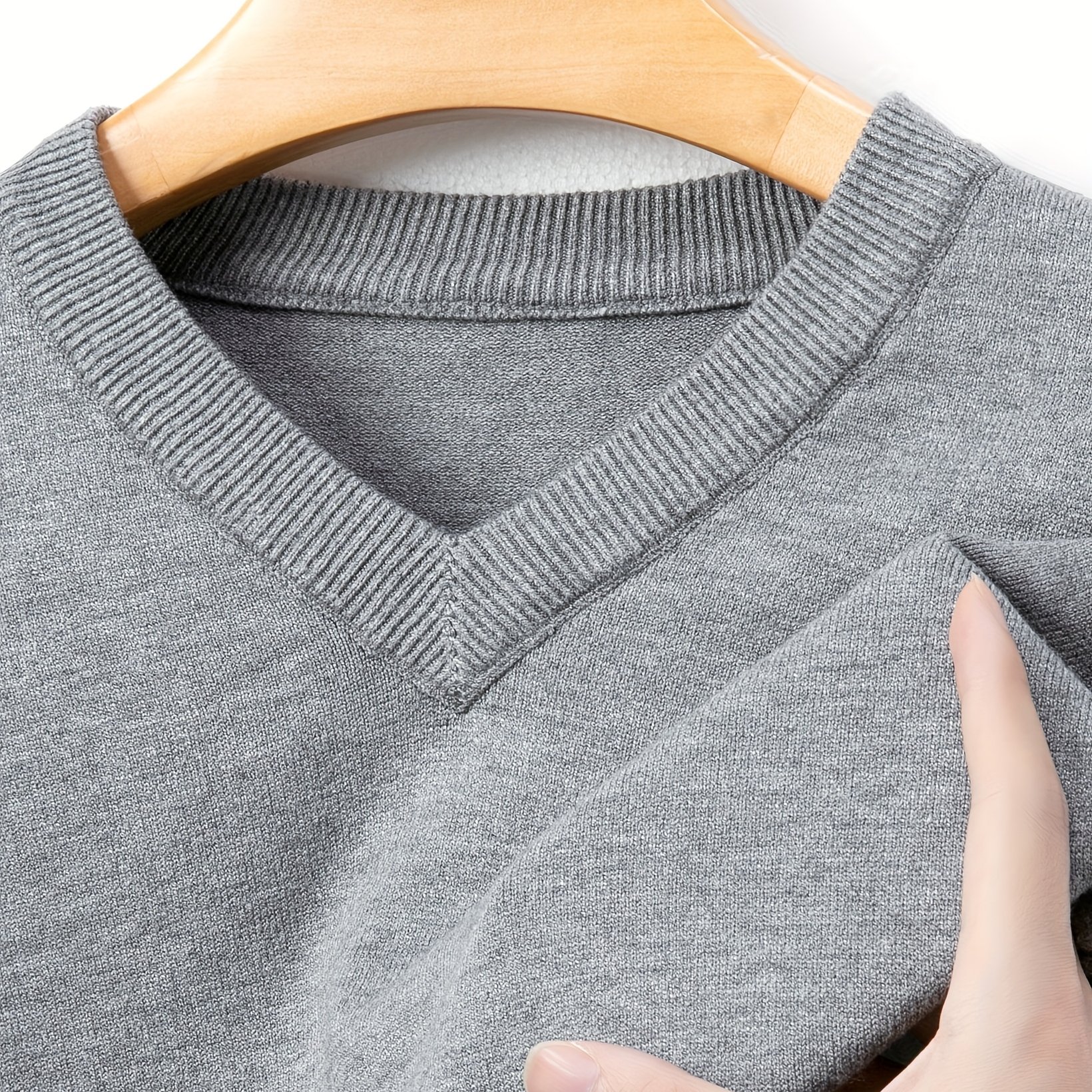 TEMU Men's Neck Casual Knit Sweater, V-neck Solid Color Long Sleeve Pullover, Fall Winter Regular Fit Ribbed Edge Base Layer, Spring Autumn Clothing