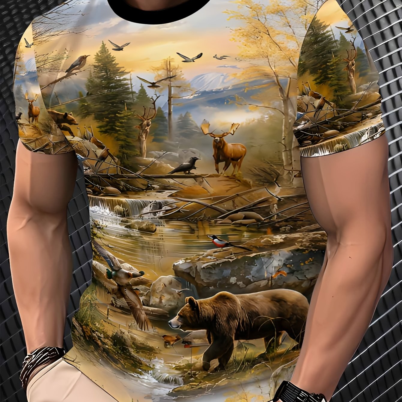 TEMU Summer Men's Printed T-shirt- Featuring A Forest Animal Pattern, This Casual Crew-neck Short-sleeve T-shirt Has A Regular Fit, Print, And