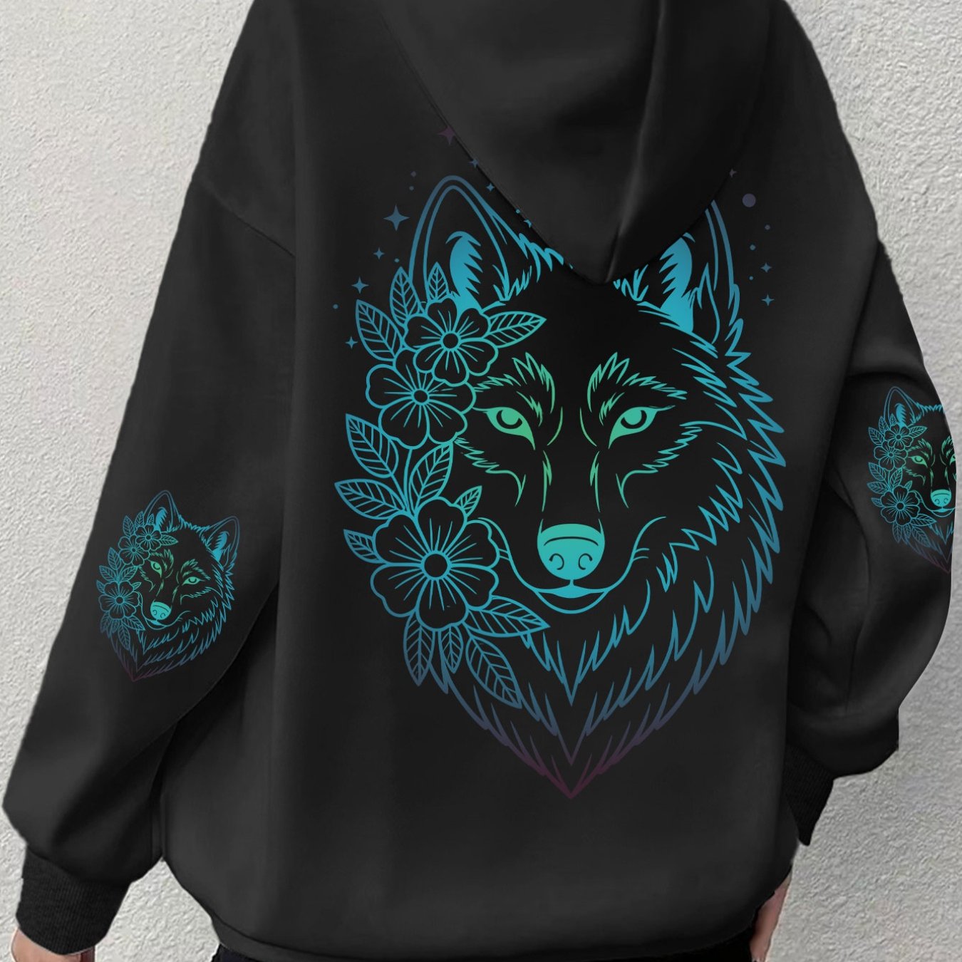 Image of Wolf Head Floral Back Print, Women's Hooded Sweatshirt, Vintage Fashion, Recommended For Daily Wear, Holiday, Date Scenes, Home, With Women's Coat, Warm For Spring Autumn Winter