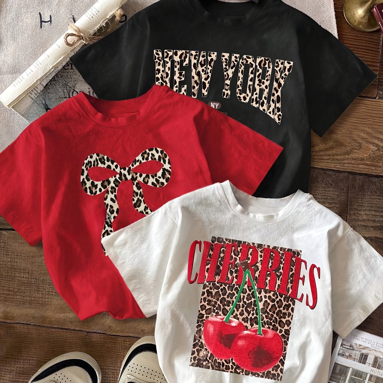 TEMU 3pcs Set Of Summer Casual T-shirts Featuring Leopard And Cherry Prints Along With A Design, Short-sleeved And Round-necked, Perfect For Women