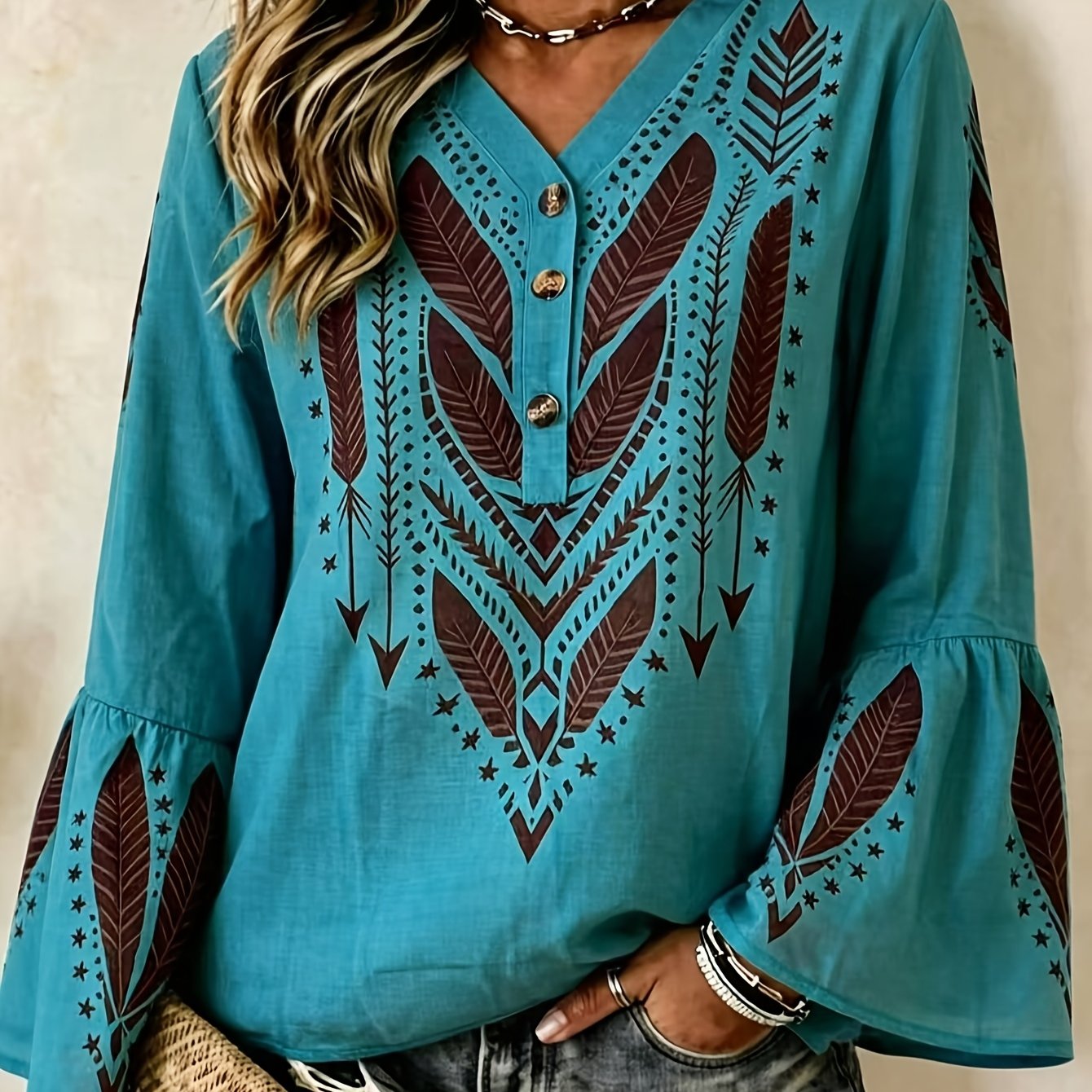 TEMU Plus Size, Plus Size Women's Vintage Print V-neck Long Sleeve Loose Fit Casual Top