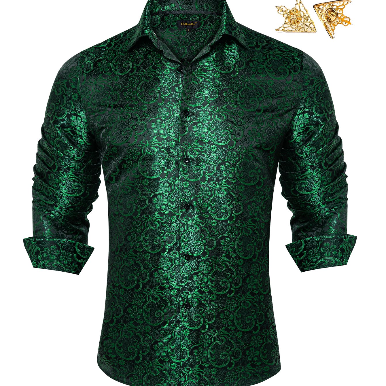 Image of Men's Formal Shirt In Dark Green With A Paisley Pattern, Featuring Elegant Collar Pins, Perfect For Romantic Evenings, Special Occasions, And Fashionable Casual Gatherings, Plus Size
