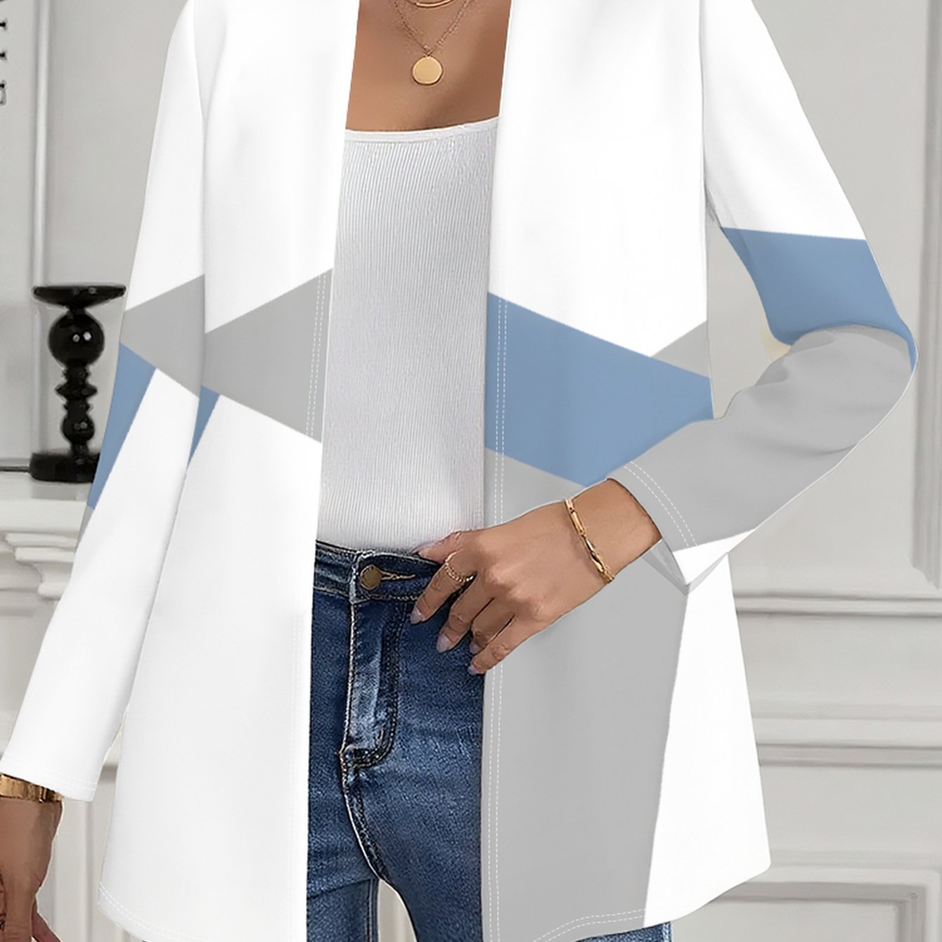 TEMU Geometric Pattern High-quality Women's Fashion Full Print Lightweight Open Front Jacket Women's Clothing Casual Jacket-739