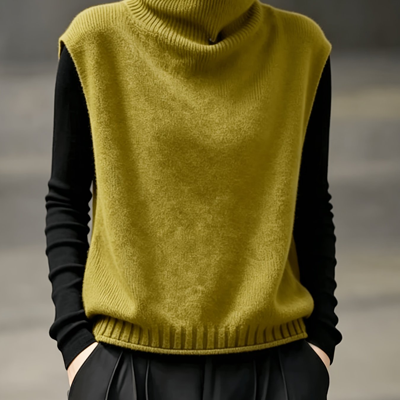 TEMU Autumn Winter Turtleneck Sweater Women's Pullover Vest -friendly Sleeveless Pullover Black Long Sleeve Base Layer Versatile Top