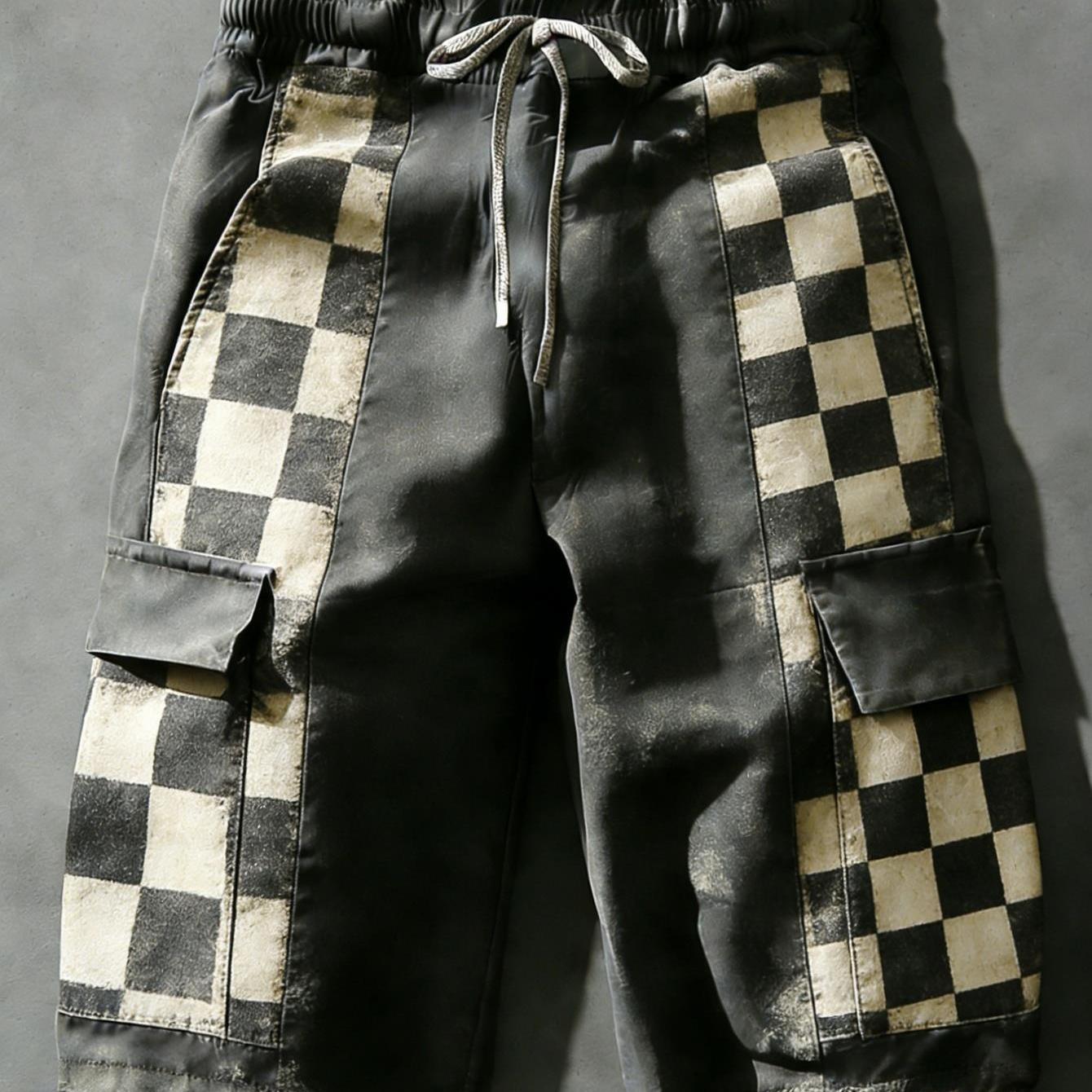 TEMU Men's Retro Checkered Printed Tooling Shorts, Drawstring Waist Multi-, Polyester Fiber Summer Style Wear Single Item (machine Washable)