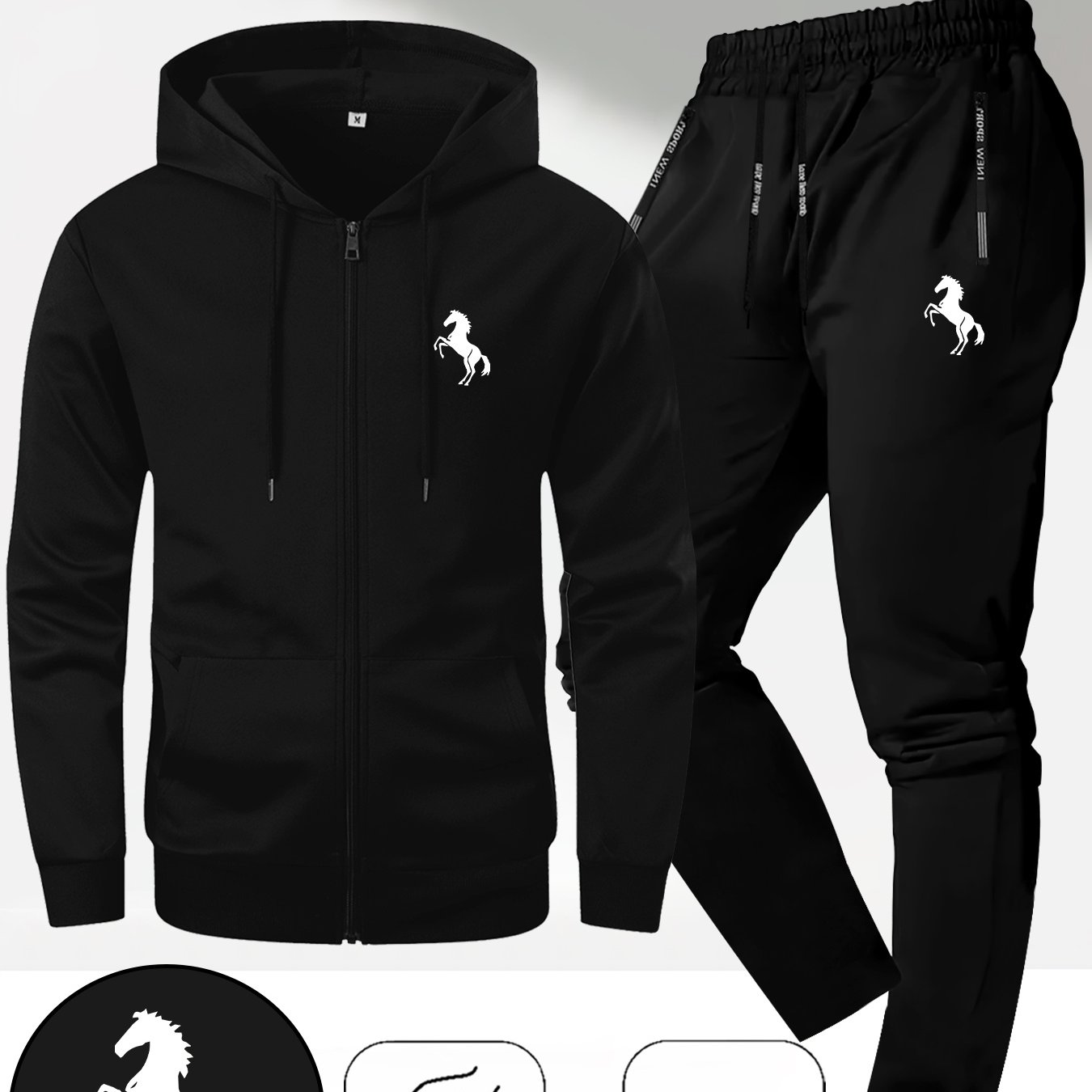 TEMU Men's Trendy Autumn And Winter Hooded Jacket Set With Horse Print, Casual Sportswear For Young Adults
