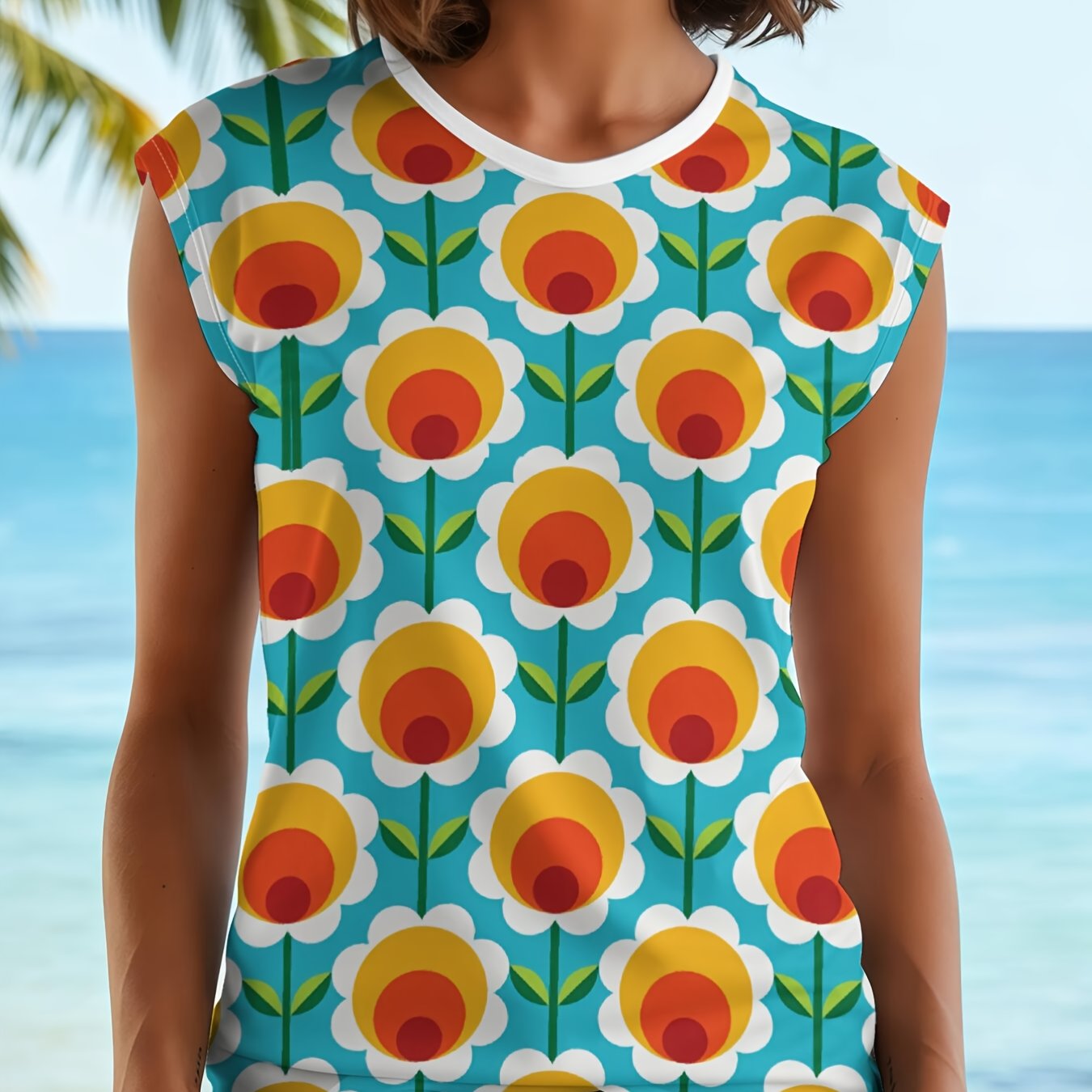 TEMU Orange Flower Women's Summer New Sleeveless Crew Neck Tank Top, Print Loose Fit Breathable Flowy Blouse, Casual Beach Vacation Tops, Lightweight