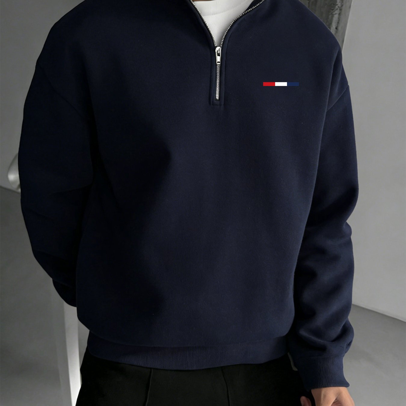 TEMU Red, White, And Blue Striped Men's Half-zip Sweatshirt, Simple And Stylish Printed Collar Sweatshirt, Casual Long-sleeve Collar Sweatshirt For