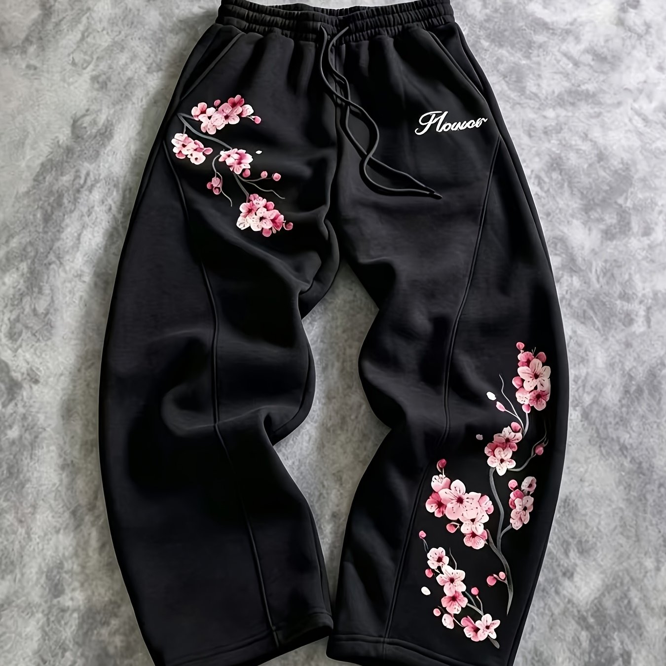 TEMU Men's Cherry Pink Floral Letter Print Athletic Pants | Spring Summer Y2k Street Style Cherry Floral Branch Pattern Joggers | Retro Plant Petal