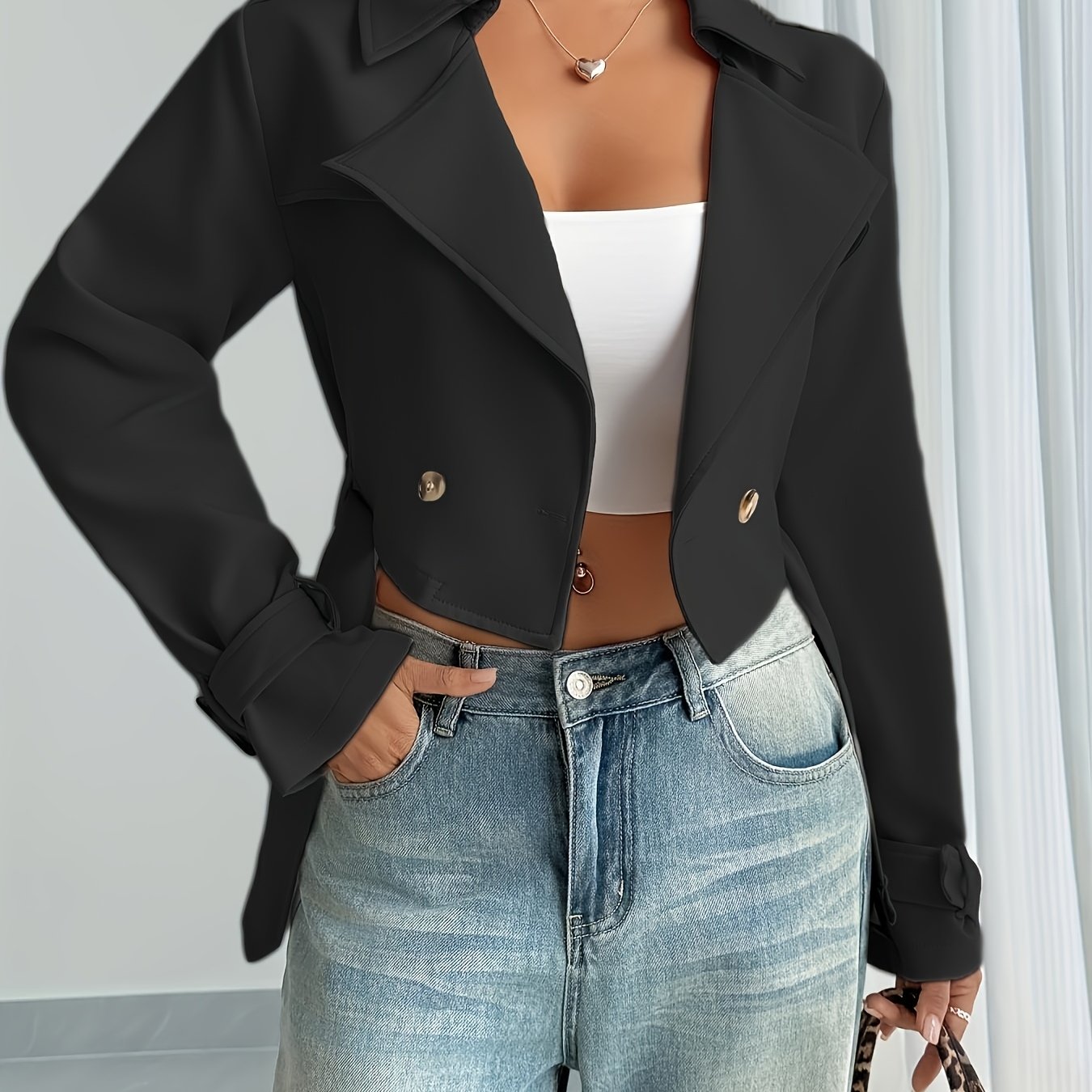 E-shop Damenschnürer mit Kragen und Knopfleiste, Langarm-Cropped Trenchcoat für lässigen Look
