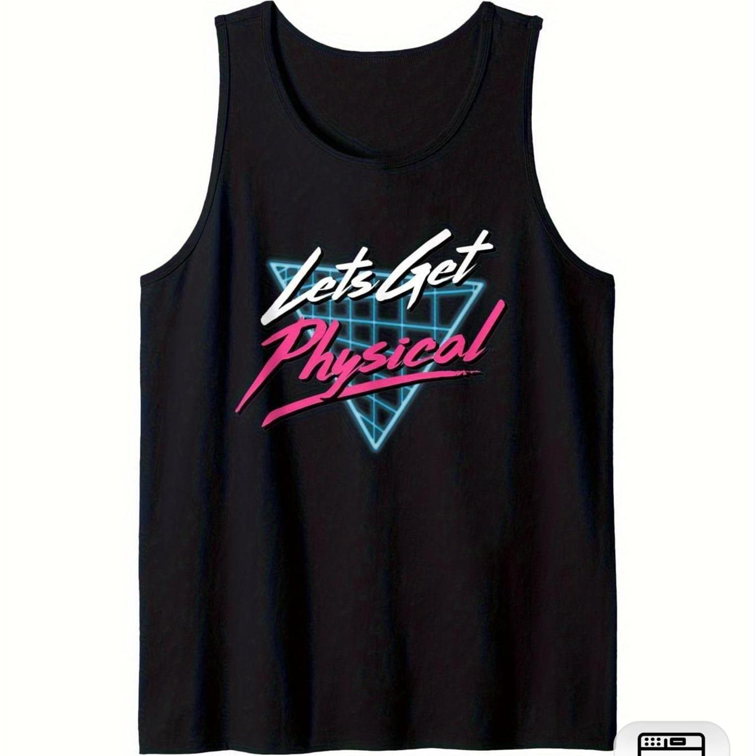 TEMU Men's Retro 80s Gym Tank Top - Shirt With Pink And Blue Lettering, Non-stretch Fabric For Gym, Casual Wear - Gift For Fitness Enthusiasts,