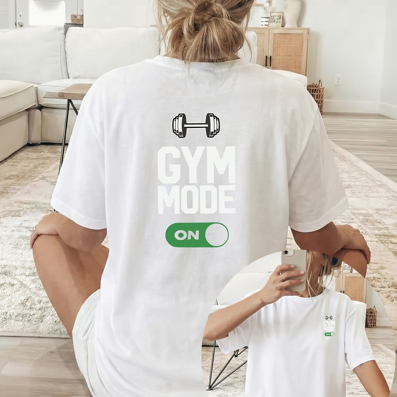 TEMU This Short-sleeved Round-neck Casual Top Features A Dumbbell Pattern Along With ' Mode' Printed On Sides, Making It Suitable For Women To Wear