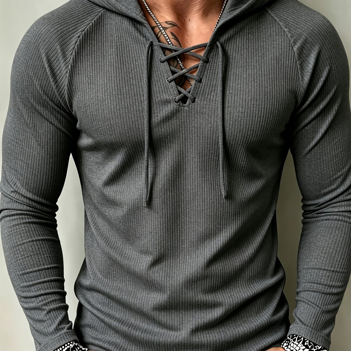 TEMU Joshmei Obm Men's Slim Fit Ribbed Hooded Long Sleeve Shirt With Cross-tie Deep , Stretch Textured Long Sleeve, Outdoor Casual Fitness Hoodie T