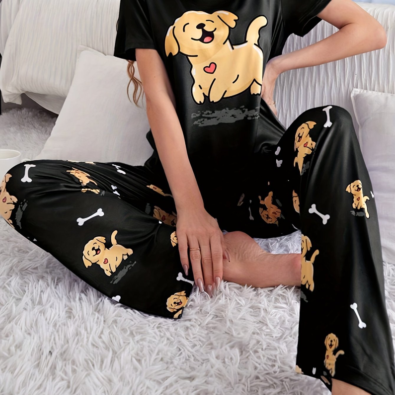 TEMU Cute Puppy Print Pajama Set, Round Neck Short Sleeve Top & Elastic Pants, Women's Sleepwear