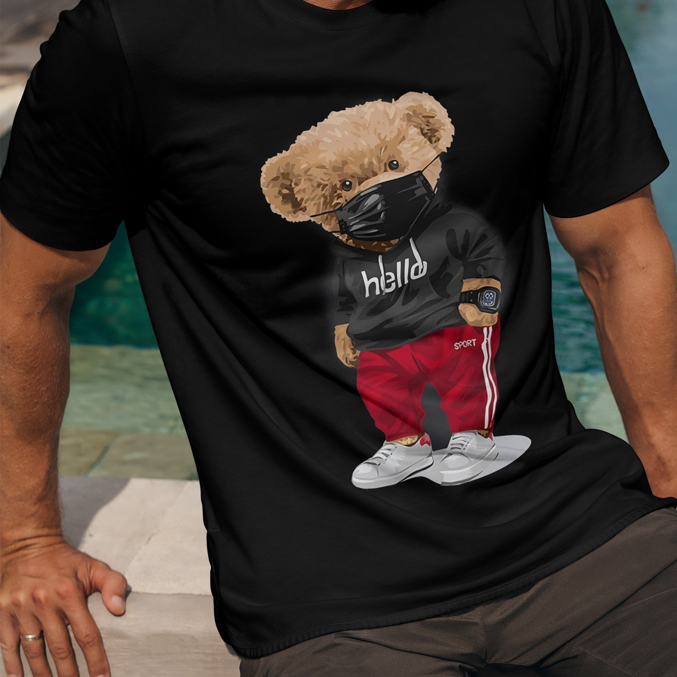 TEMU Men's Bear Graphic Print T-shirt, Casual Short Sleeve Crew Neck Tee, Men's Clothing For Summer Outdoor