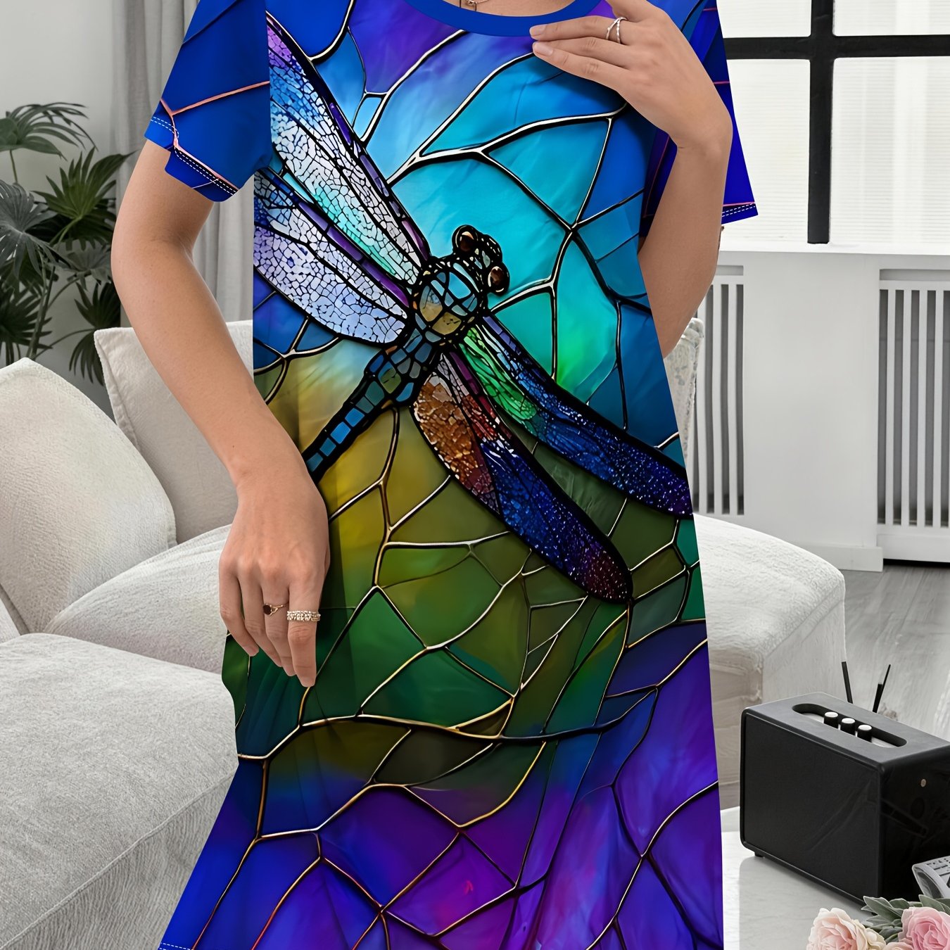 TEMU Halloween Women's Casual For Home Nightgown, Printed Loungewear Nightgown With Painted Dragonfly Pattern Decoration, Comfortable For , Ladies'