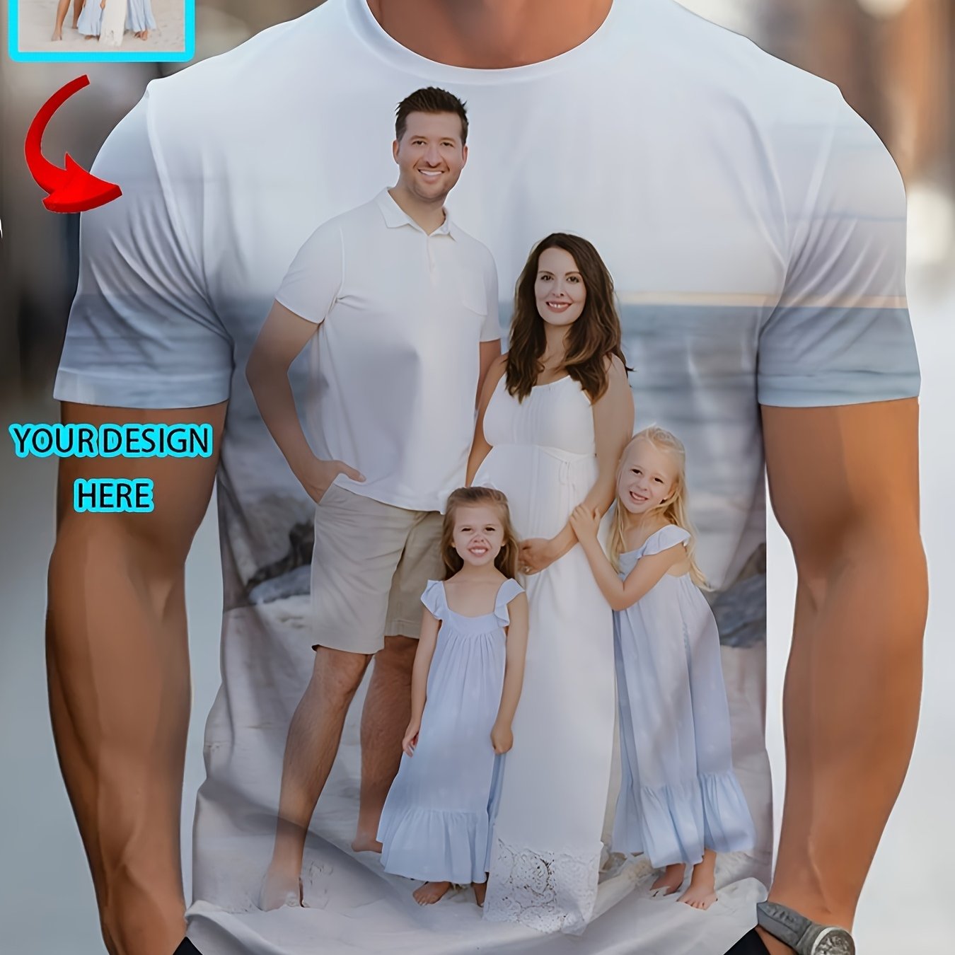 E-shop Personalisiertes Foto, Text, Werbung, Logo, T-Shirt - Personalisiertes Familienporträt, modisches Kurzarm-Oberteil, geeignet für Damen und