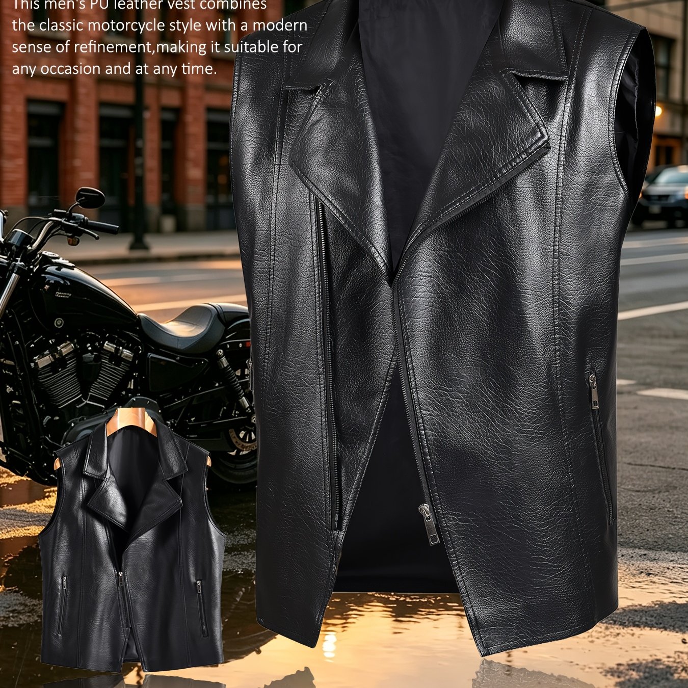 TEMU [ Obm] Men's Spring Autumn Fashion Trendy Biker Style Faux Leather Vest Sleeveless Waistcoat Casual Business Zippered