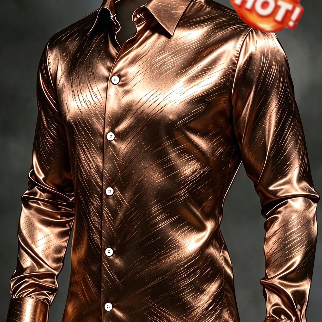 Image of Men's Copper Metallic Shiny Long Sleeve Shirt Fashion Streetwear Top