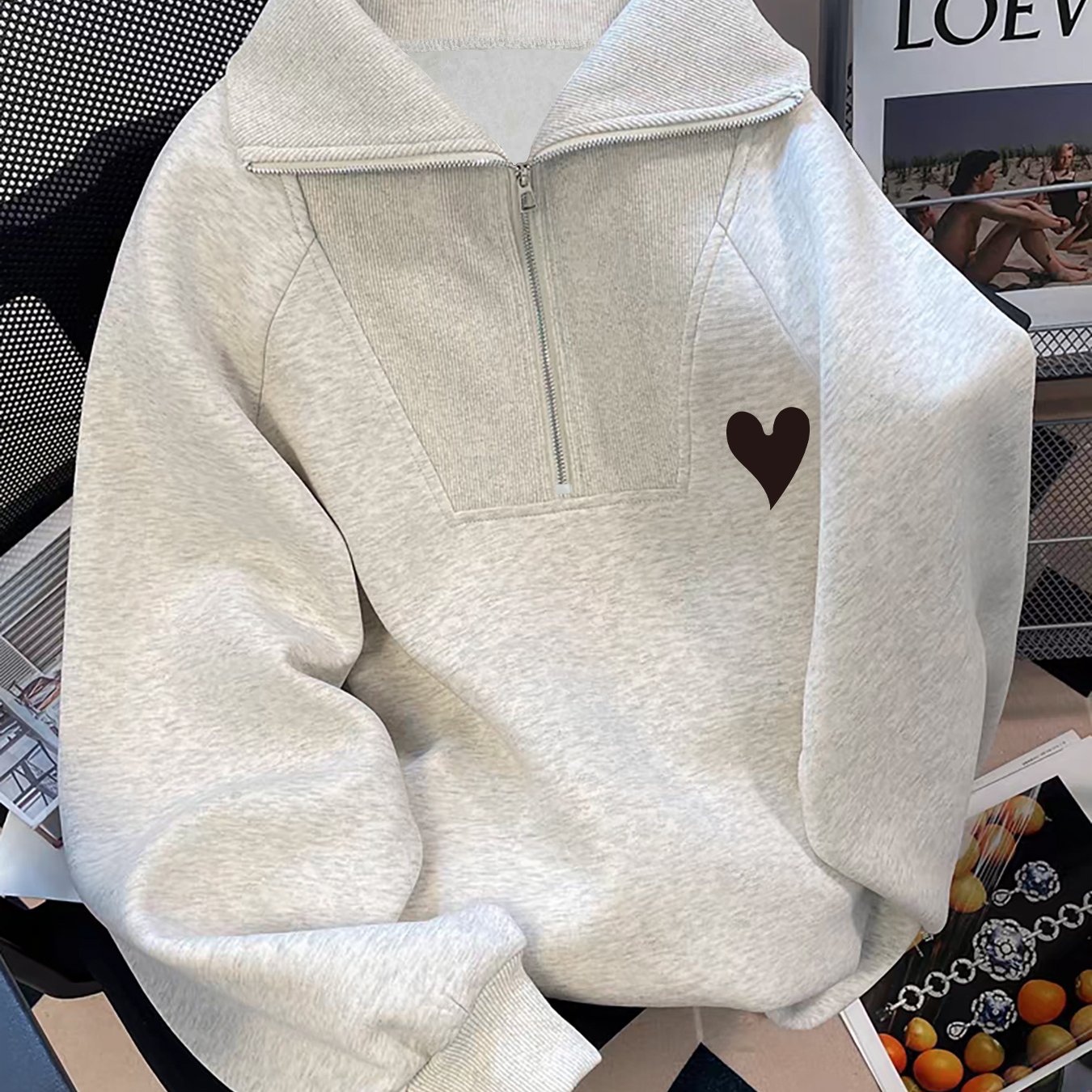 E-shop Herbst Winter Fun Herz Print Langarm Oversized Revers Fleece Zip-Up Sweatshirt Damen Hong Style Locker BF Lazy Vielseitiges Top
