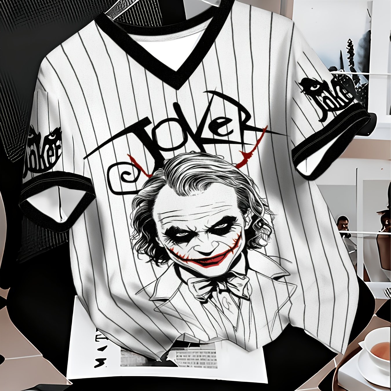 TEMU Joker Series Women' V-neck Short Sleeve, Creepy Printed Black And White Striped T-shirt, Classic Ip Styling With Charm