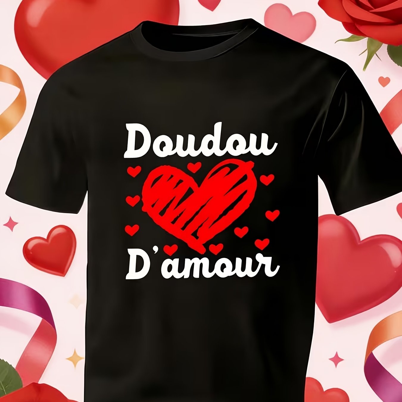 TEMU T-shirt décontracté français pour homme, motif cœur rouge Doudou , manches courtes, col rond, T-shirt d'été confortable pour tous