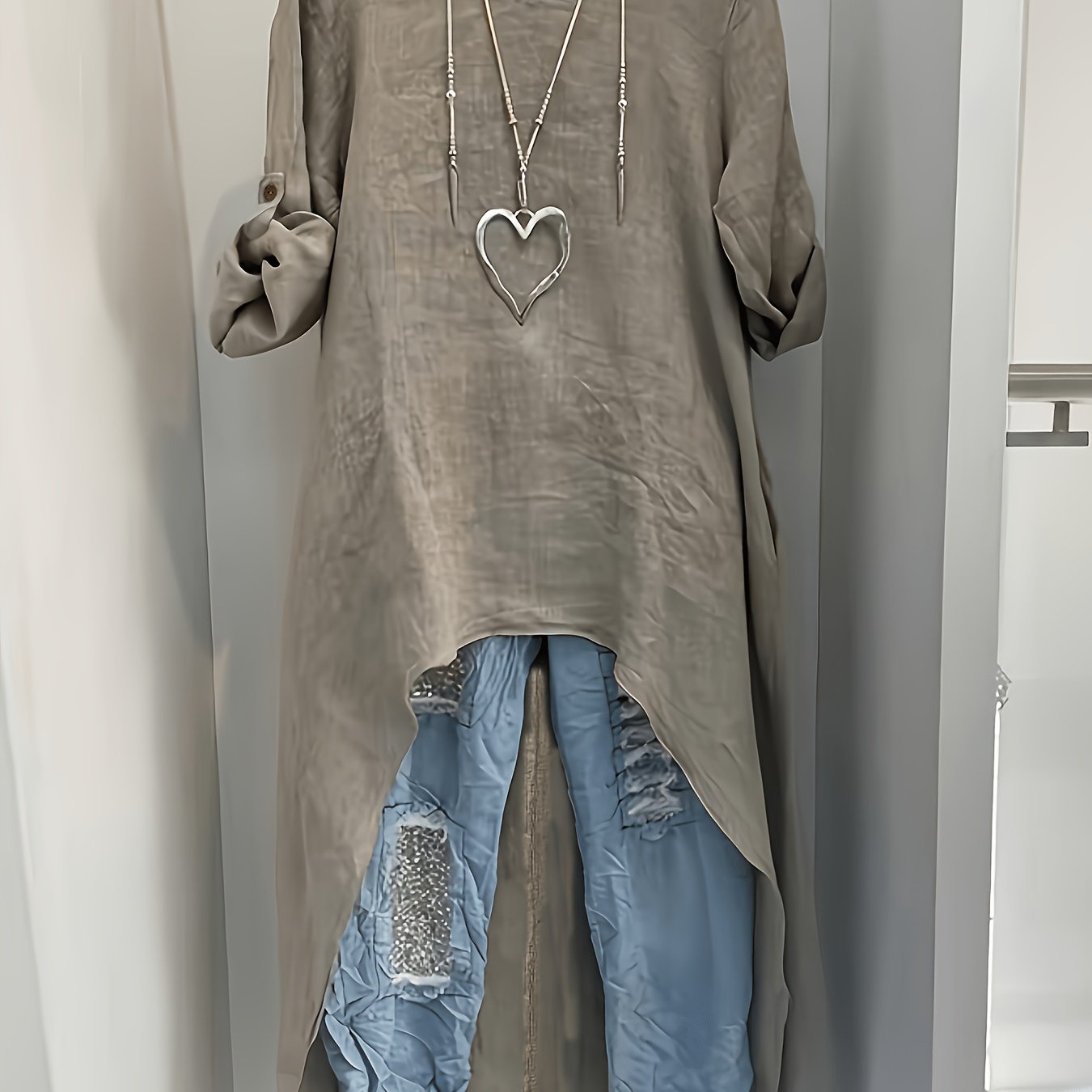 E-shop Damen Leinen Bluse mit unregelmäßiger Länge, Rundhalsausschnitt, lockeres Hemd, Retro Kurz vorne, lang hinten, Temperament, Frühling Herbst,