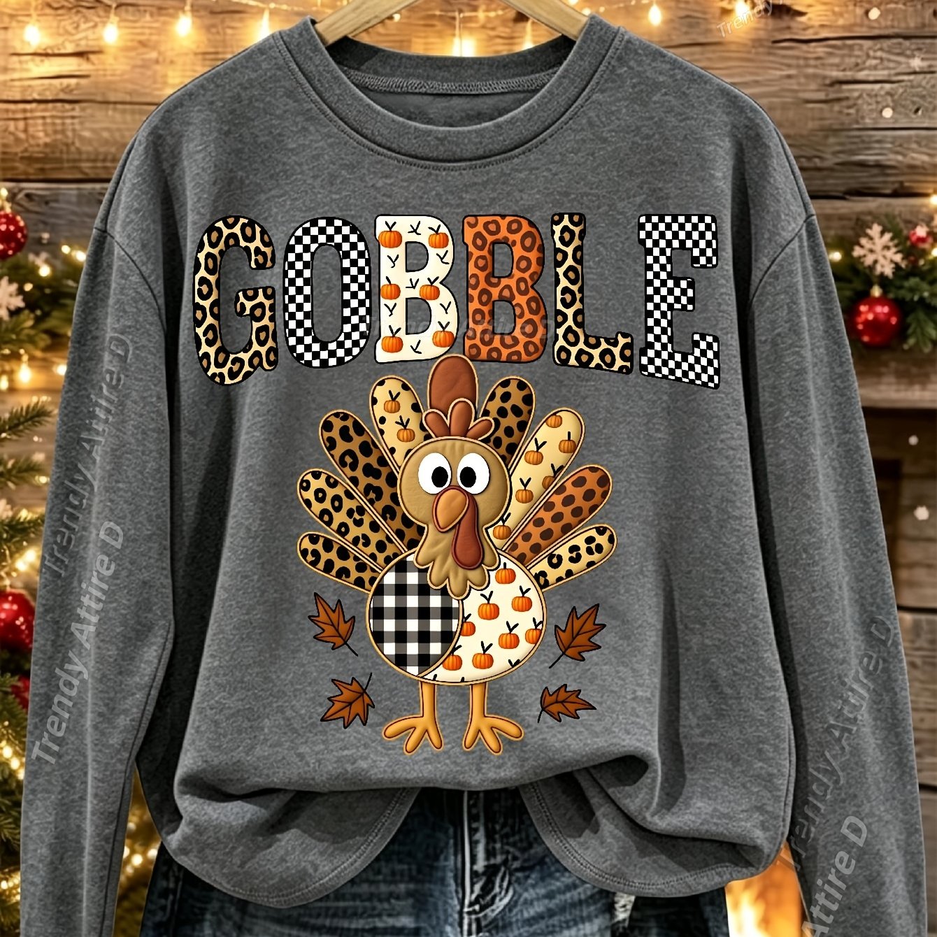 TEMU [women's Fashion ] Women's Outfit: Autumn/ Neck Long Sleeve T-shirt. Casual, Resort-style, Turkey Cartoon Print Crew Neck Long Sleeve T-shirt