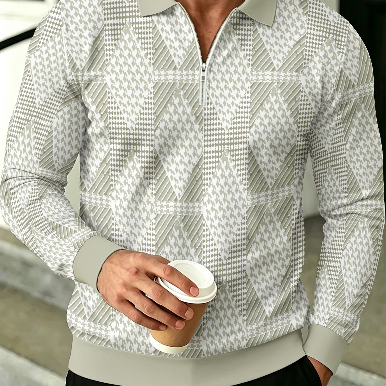 TEMU Men's Business Collar Half-zip Shirt, American Contrast Trendy Style Casual Long Sleeve Top, Fashionable