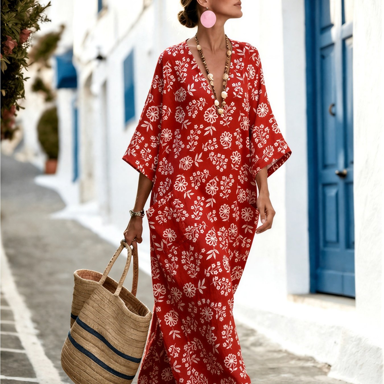 Women's Summer V-neck Dress White Floral Prints Printed Pattern Vacation Kaftan Elegant Loose And Comfortable 2 Pockets Machine Washable Suitable For Daily Wear Party Occasions Perfect Gift Option